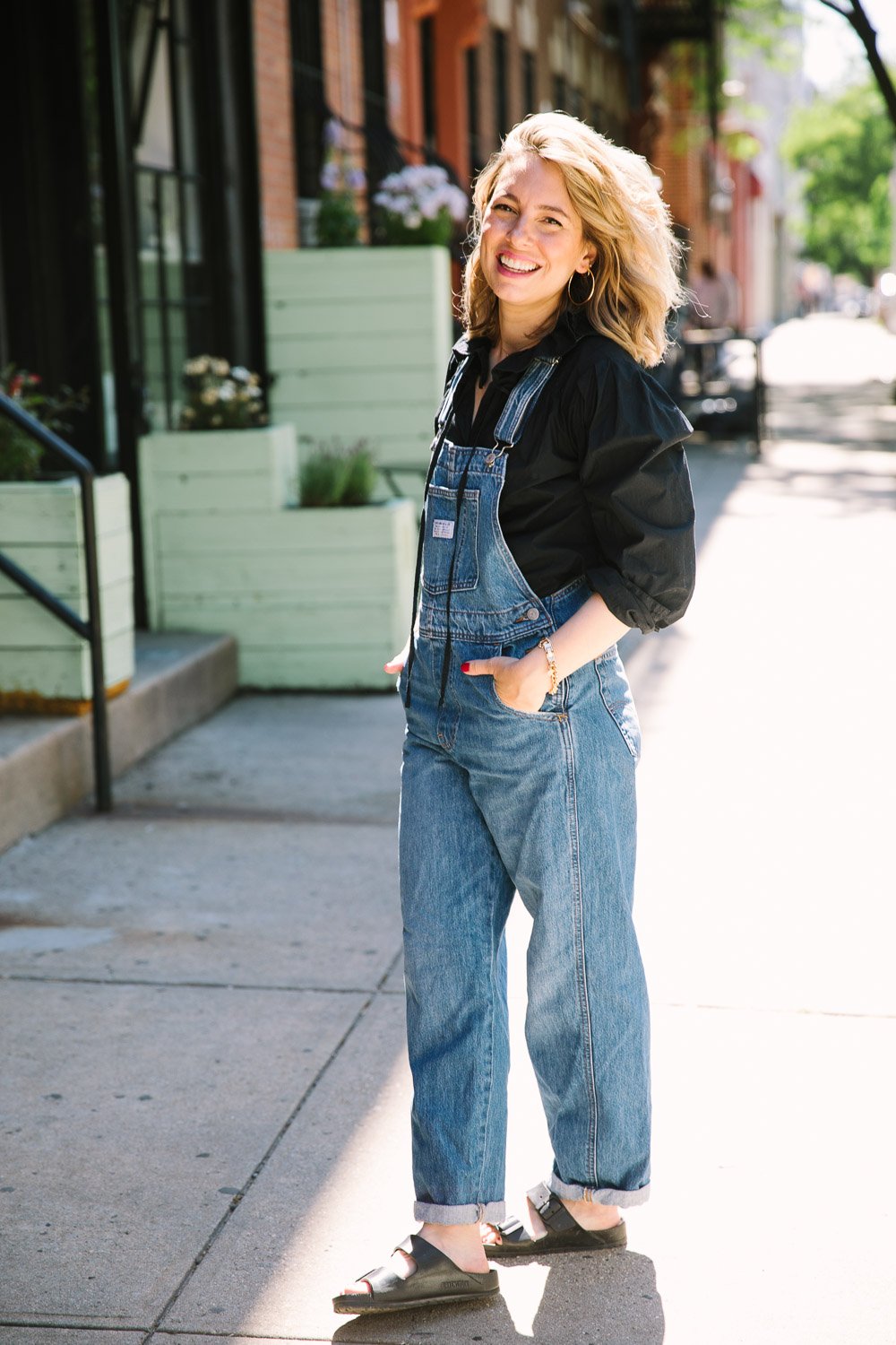 Alison Piepmeyer overalls black blouse